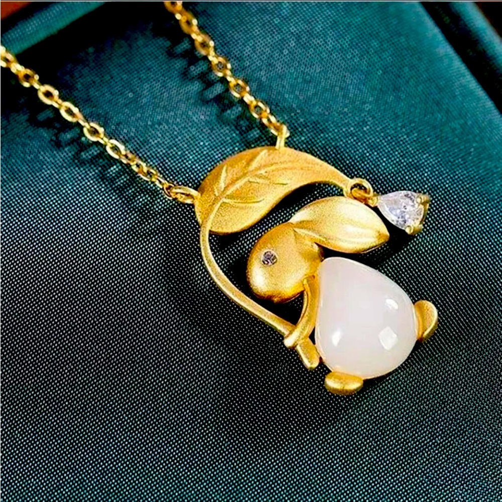 Natural Hetian White Jade Golden Branch Jade, Rabbit Pendant.